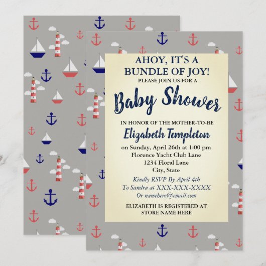 Ahoy Cute Nautical Baby shower Invitation Kaart (Voorkant / Achterkant)