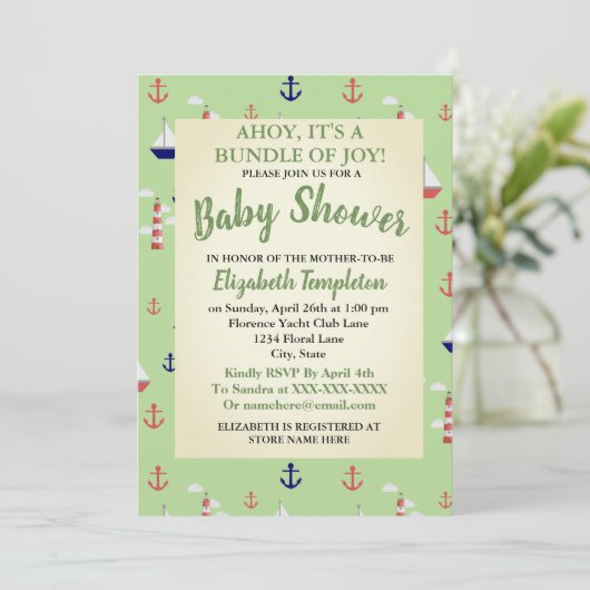 Ahoy Cute Nautical Baby shower Invitation Kaart (Staand voorkant)