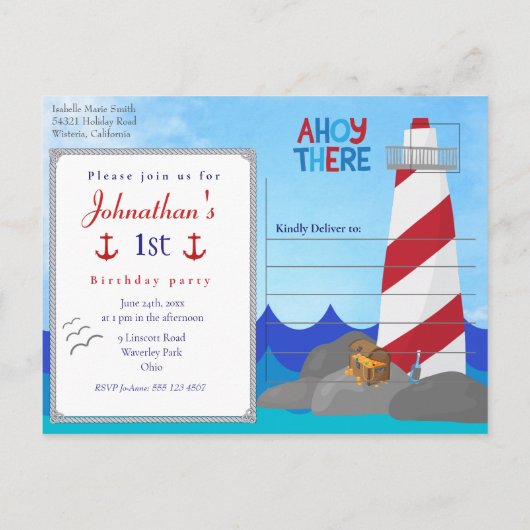 Ahoy Daar Nautical Quote Red White Lighthouse Briefkaart (Achterkant)