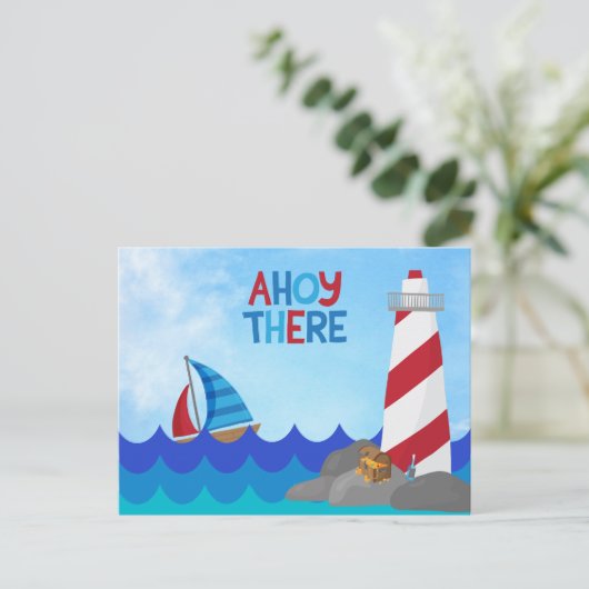 Ahoy Daar Nautical Quote Red White Lighthouse Briefkaart (Staand voorkant)