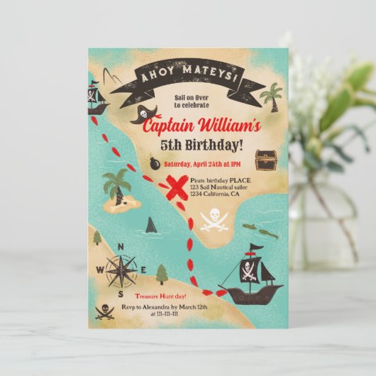 Ahoy Fun Pirate schatkaart kinder 5e verjaardag Kaart (Staand voorkant)