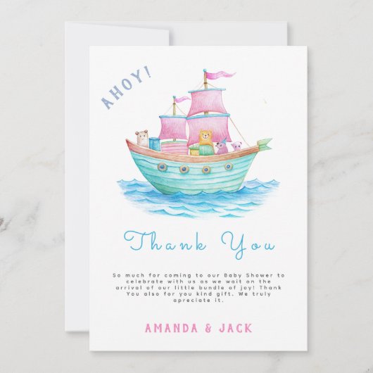 Ahoy Het is een Baby schip Dieren Zeilboot Baby sh Bedankkaart (Voorkant)