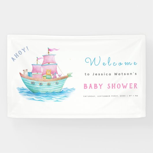 Ahoy Het is een Baby schip Dieren Zeilboot Baby sh Spandoek (Horizontaal)