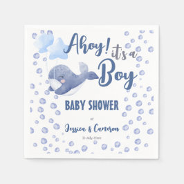 Ahoy het is een baby shower blauwe vinvis. servet