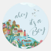 Ahoy, het is een baby shower feest ronde sticker (Voorkant)