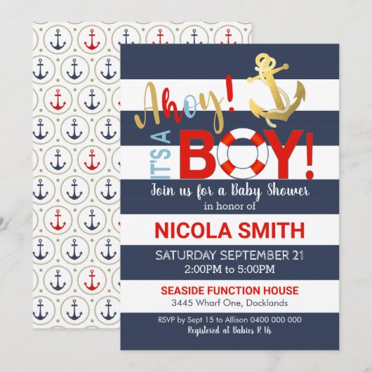 Ahoy, het is een Baby shower-uitnodiging. Kaart (Voorkant / Achterkant)