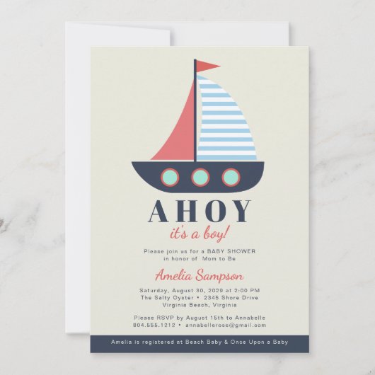 Ahoy Het is een Baby shower-uitnodiging voor een j Kaart (Voorkant)