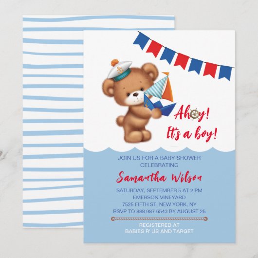 Ahoy. Het is een Baby shower van de Waterverf van  Kaart (Voorkant / Achterkant)