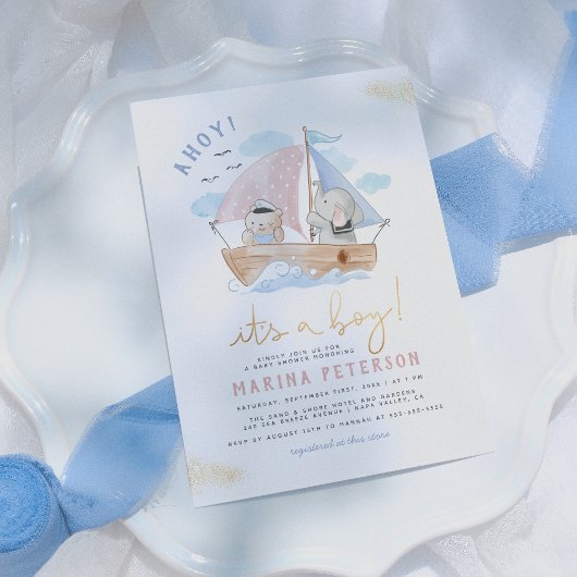 Ahoy Het is een Baby shower van een jonge olifant- Kaart