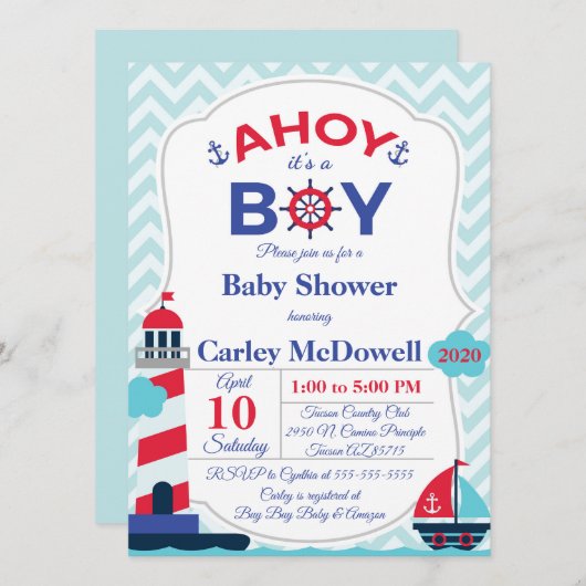 Ahoy Het is een baby shower van een jongen. Kaart (Voorkant / Achterkant)