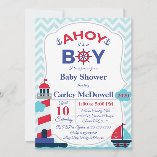 Ahoy Het is een baby shower van een jongen. Kaart (Voorkant)