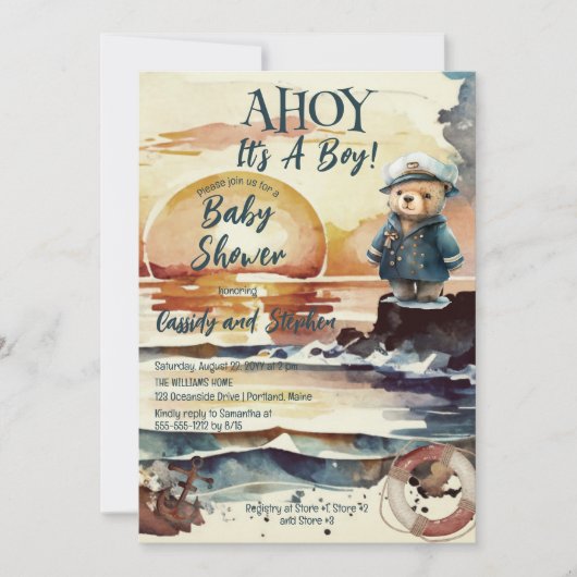 Ahoy, het is een Baby shower van een jongen, Nauti Kaart (Voorkant)