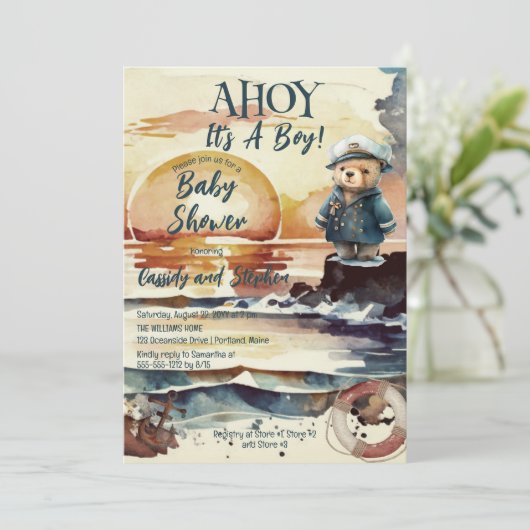 Ahoy, het is een Baby shower van een jongen, Nauti Kaart (Staand voorkant)