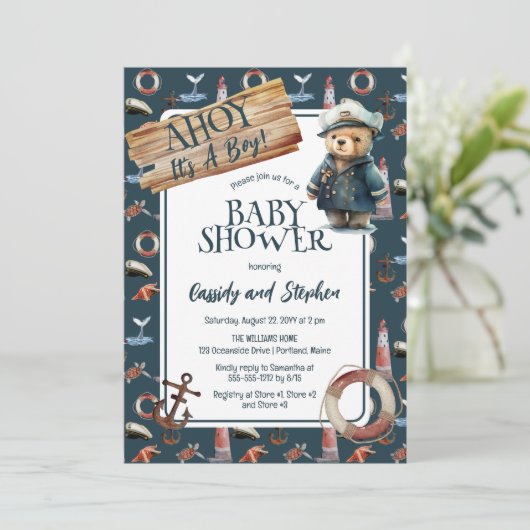 Ahoy, het is een Baby shower van een jongen, Nauti Kaart (Staand voorkant)