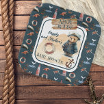Ahoy, het is een Baby shower van een jongen, Nauti Papieren Bordje<br><div class="desc">Plaats zeilen voor een heerlijk zeemistisch baby shower met ons 'Ahoy, It's A Boy' Teddy Bear-uitnodiging en het collectie van de sjabloon van accessoires. Dit charmante ontwerp is voorzien van een Teddy Bear, gekleed in het uniform van een kapitein, op het zandige strand met een houten "Ahoy It's A Boy!"-teken...</div>