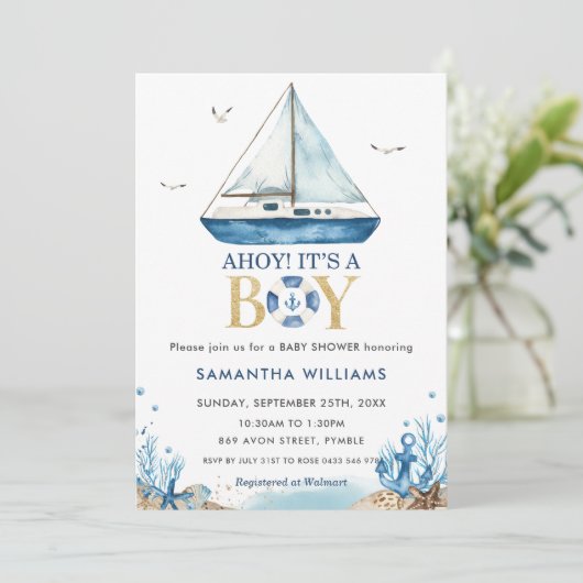 Ahoy Het is een Baby shower van een peuter-blauw-b Kaart (Staand voorkant)