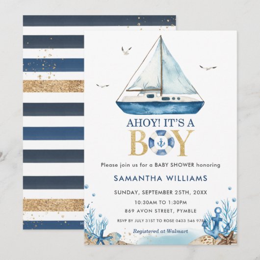 Ahoy Het is een Baby shower van een peuter-blauw-b Kaart (Voorkant / Achterkant)