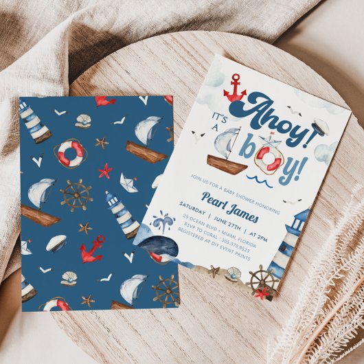 Ahoy Het is een blauw en rood nautisch Baby shower Kaart