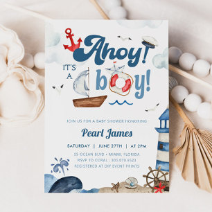 Ahoy Het is een blauw en rood nautisch Baby shower Kaart