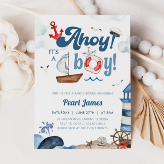 Ahoy Het is een blauw en rood nautisch Baby shower Kaart