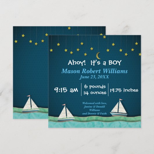 Ahoy, het is een boksboot en sterren - geboorteaan aankondiging (Voorkant / Achterkant)