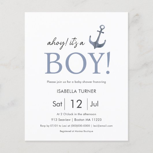 Ahoy! Het is een Boy Baby shower budget uitnodigin (Voorkant)