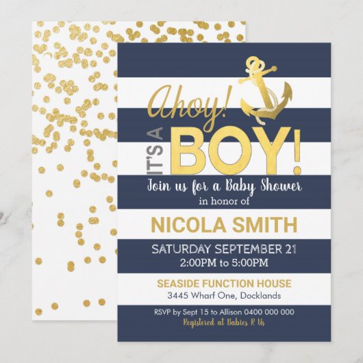 Ahoy het is een Boy Baby shower Invitation Gold Na Kaart (Voorkant / Achterkant)