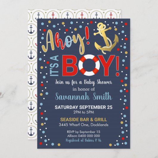 Ahoy het is een Boy Baby shower Invitation Kaart (Voorkant / Achterkant)