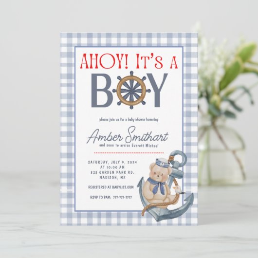 AHOY Het is een Boy Baby shower Uitnodiging (Staand voorkant)