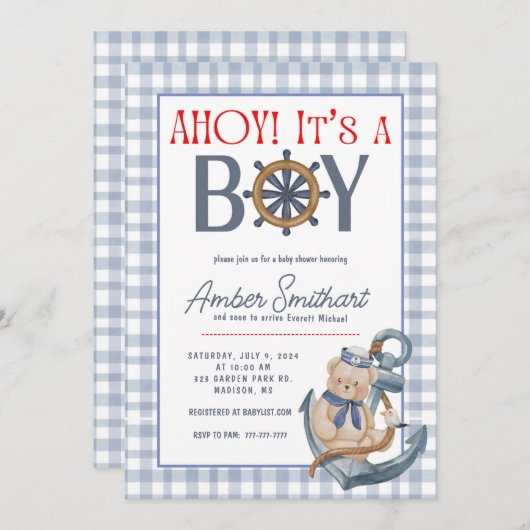 AHOY Het is een Boy Baby shower Uitnodiging (Voorkant / Achterkant)