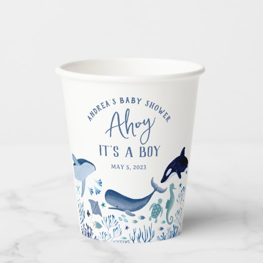 Ahoy Het is een Boy Blue Onder het Zee Baby shower Papieren Bekers (Voorkant)