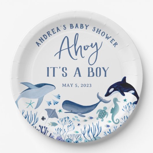 Ahoy Het is een Boy Blue Onder het Zee Baby shower Papieren Bordje (Voorkant)