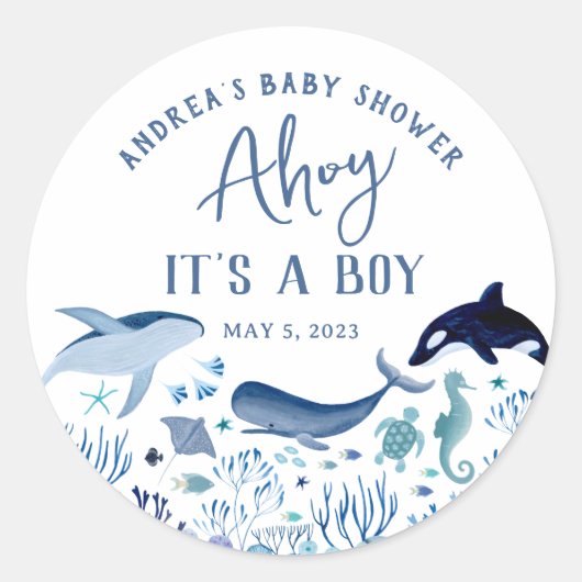 Ahoy Het is een Boy Blue Onder het Zee Baby shower Ronde Sticker (Voorkant)