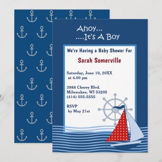 Ahoy Het is een Boy Blue Zeilboot Baby shower Kaart (Voorkant / Achterkant)