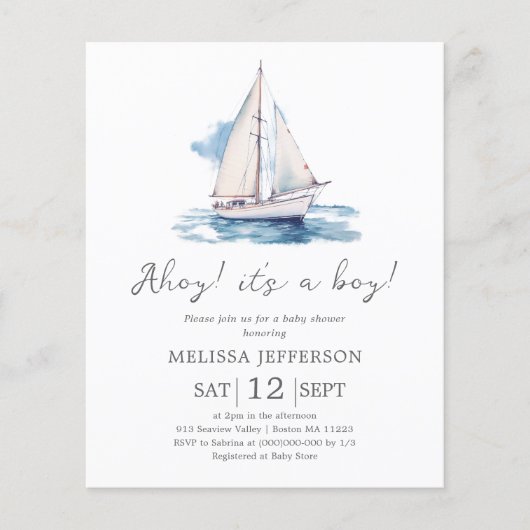 Ahoy het is een Boy Boat Baby shower Budget Invita (Voorkant)