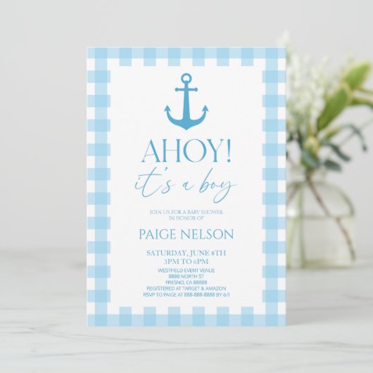 Ahoy! Het is een Boy Elegant Blue Nautical Baby sh Kaart (Staand voorkant)