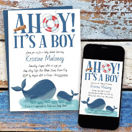 Ahoy Het is een Boy Happy Whale Waterverf Baby sho Kaart