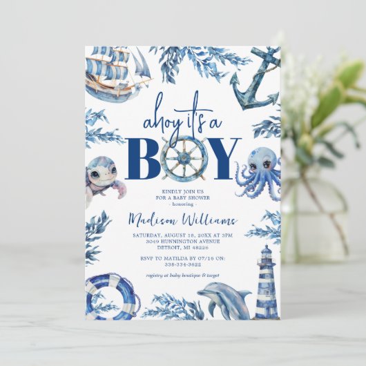 Ahoy het is een Boy Nautical Baby shower Kaart (Staand voorkant)