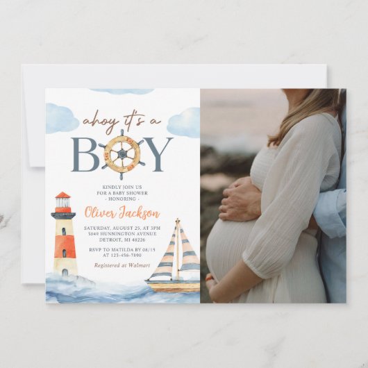 Ahoy Het is een Boy Nautical Boy Baby shower Foto Kaart (Voorkant)
