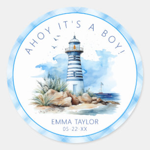 Ahoy Het is een Boy Nautical Lighthouse Baby showe Ronde Sticker