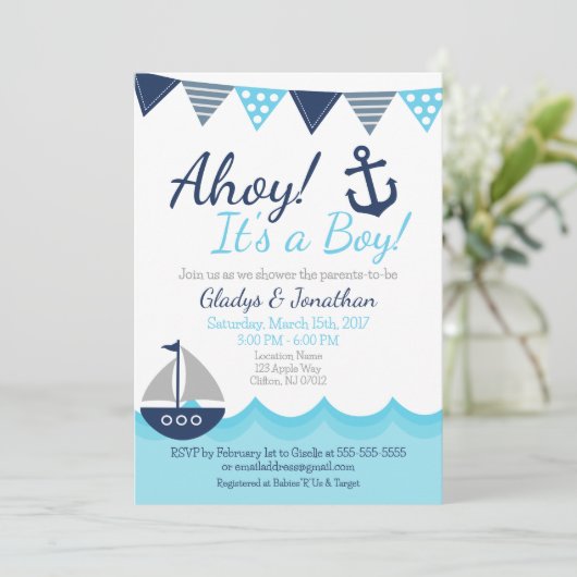 Ahoy! Het is een Boy Nautical Sailor Baby shower I Kaart (Staand voorkant)