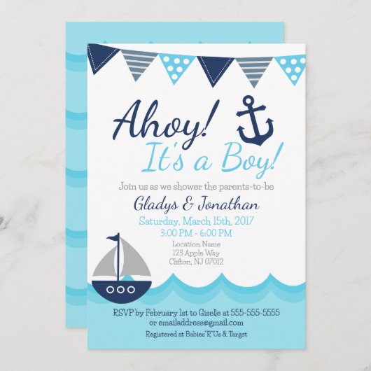 Ahoy! Het is een Boy Nautical Sailor Baby shower I Kaart (Voorkant / Achterkant)