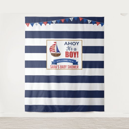 Ahoy Het is een Boy Navy Baby shower Party Tapestr Wandkleed (Voorkant)
