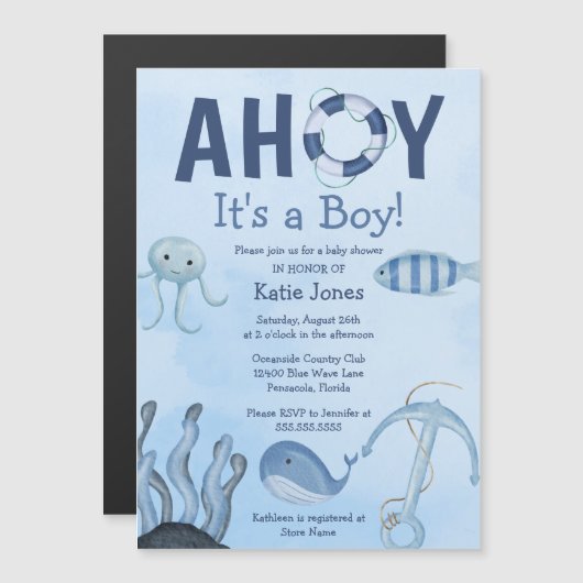 Ahoy Het is een Boy Ocean Animals Kustdieren Baby Magnetische Uitnodiging (Voorkant / Achterkant)