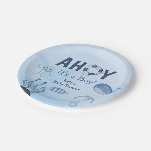Ahoy Het is een Boy Ocean Animals Kustdieren Baby Papieren Bordje (Gekanteld)
