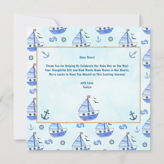 Ahoy het is een Boy Sailboat Nautisch Baby shower Bedankkaart (Achterkant)
