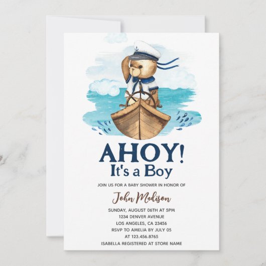 Ahoy Het is een Boy Teddy Bear Sailor Baby shower Kaart (Voorkant)