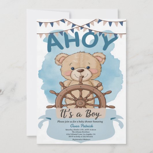 Ahoy Het is een Boy Teddy Bear Zeilboot Baby showe Kaart (Voorkant)