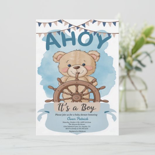 Ahoy Het is een Boy Teddy Bear Zeilboot Baby showe Kaart (Staand voorkant)