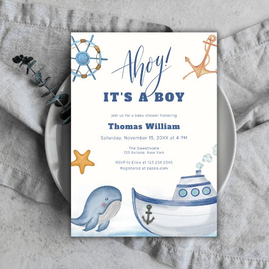 Ahoy Het is een Boy Whale Sailboat Baby shower Kaart